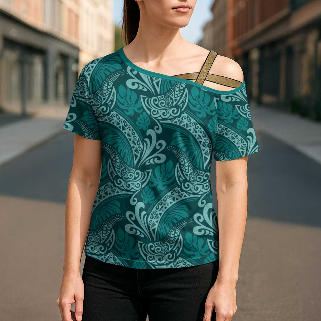 Teal Monstera Cross Shoulder Shirt Polynesian Tribal Pattern - Polynesian Pride