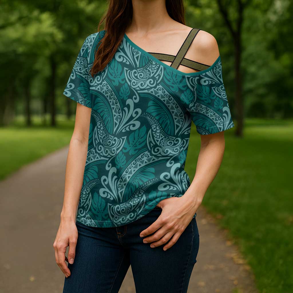 Teal Monstera Cross Shoulder Shirt Polynesian Tribal Pattern - Polynesian Pride