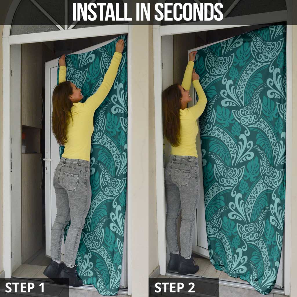 Teal Monstera Door Cover Polynesian Tribal Pattern - Polynesian Pride