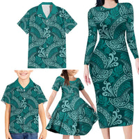 Teal Monstera Family Matching Long Sleeve Bodycon Dress and Hawaiian Shirt Polynesian Tribal Pattern - Polynesian Pride