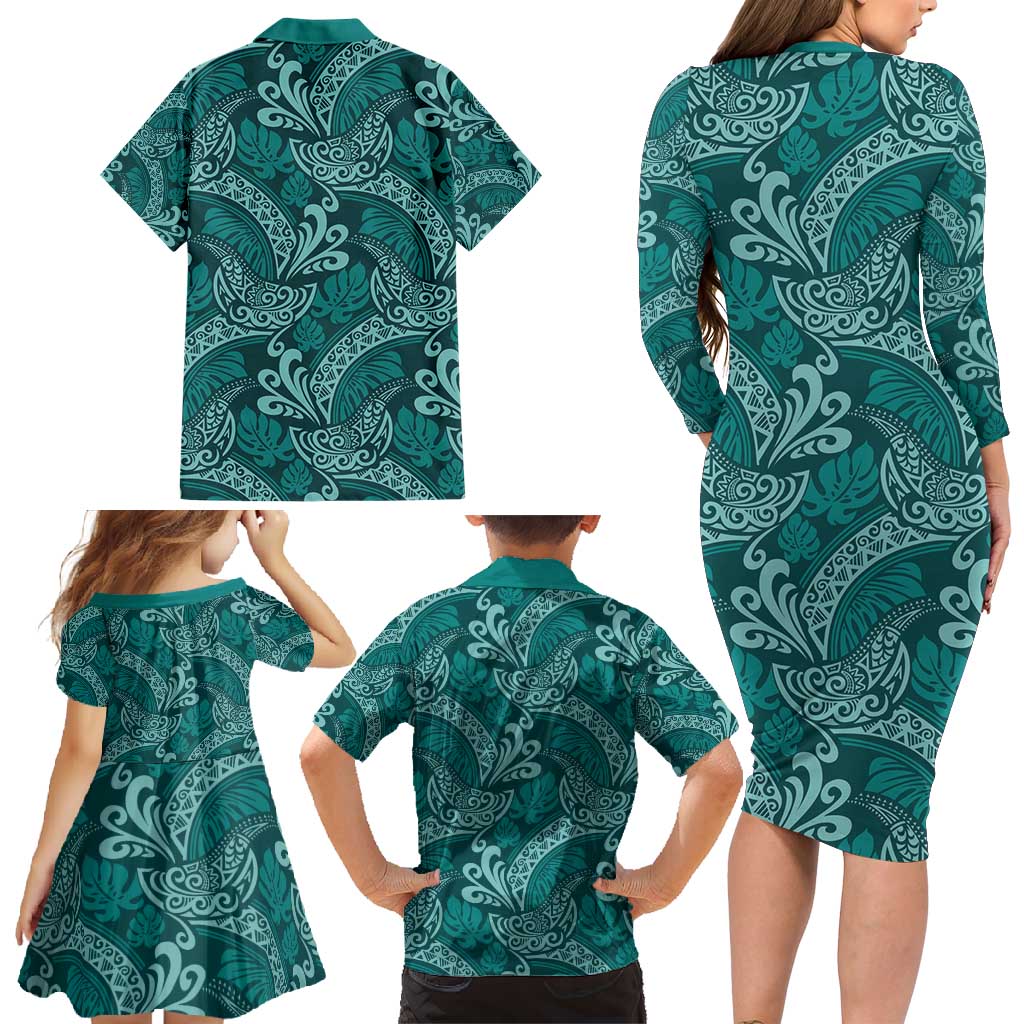 Teal Monstera Family Matching Long Sleeve Bodycon Dress and Hawaiian Shirt Polynesian Tribal Pattern - Polynesian Pride