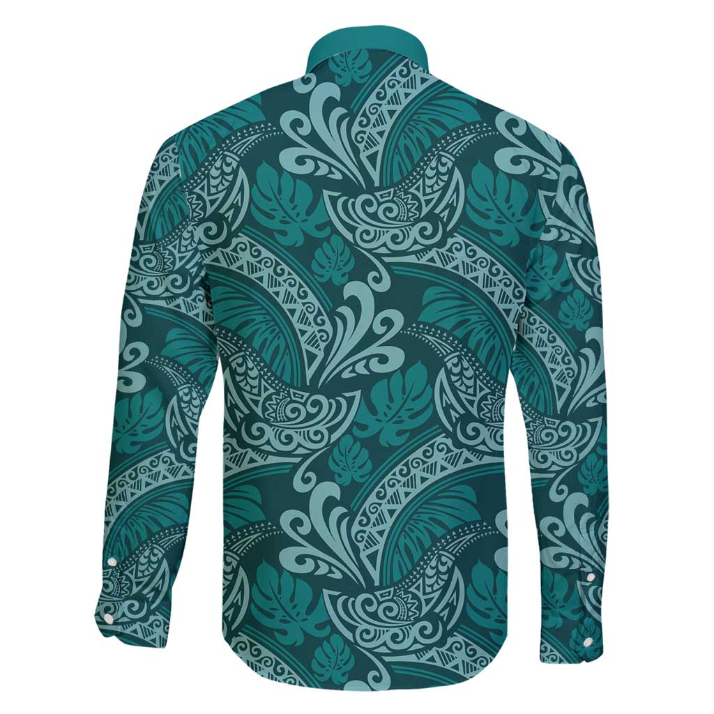 Teal Monstera Family Matching Long Sleeve Bodycon Dress and Hawaiian Shirt Polynesian Tribal Pattern - Polynesian Pride