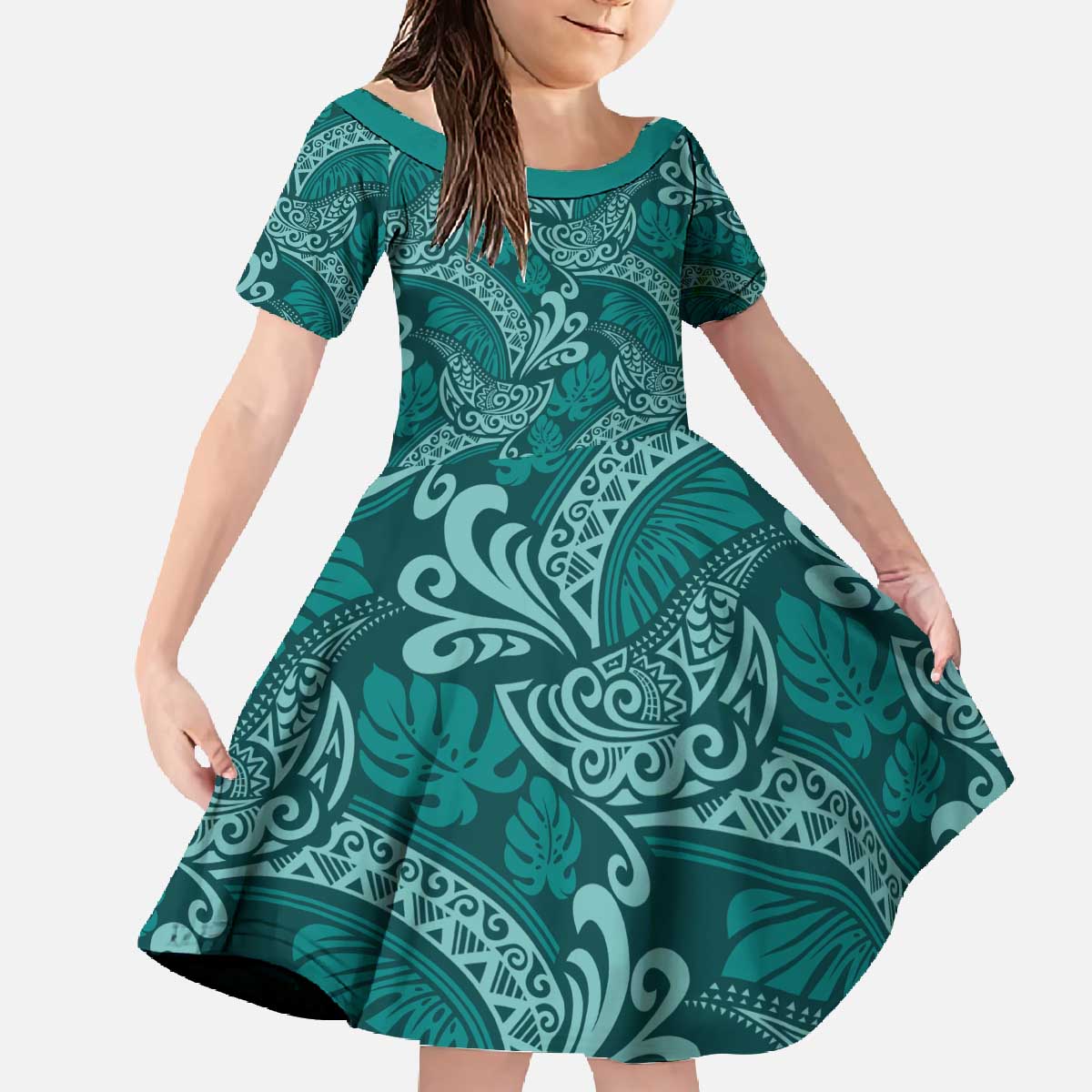 Teal Monstera Family Matching Off The Shoulder Long Sleeve Dress and Hawaiian Shirt Polynesian Tribal Pattern - Polynesian Pride