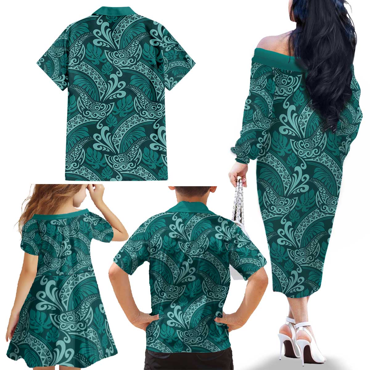 Teal Monstera Family Matching Off The Shoulder Long Sleeve Dress and Hawaiian Shirt Polynesian Tribal Pattern - Polynesian Pride