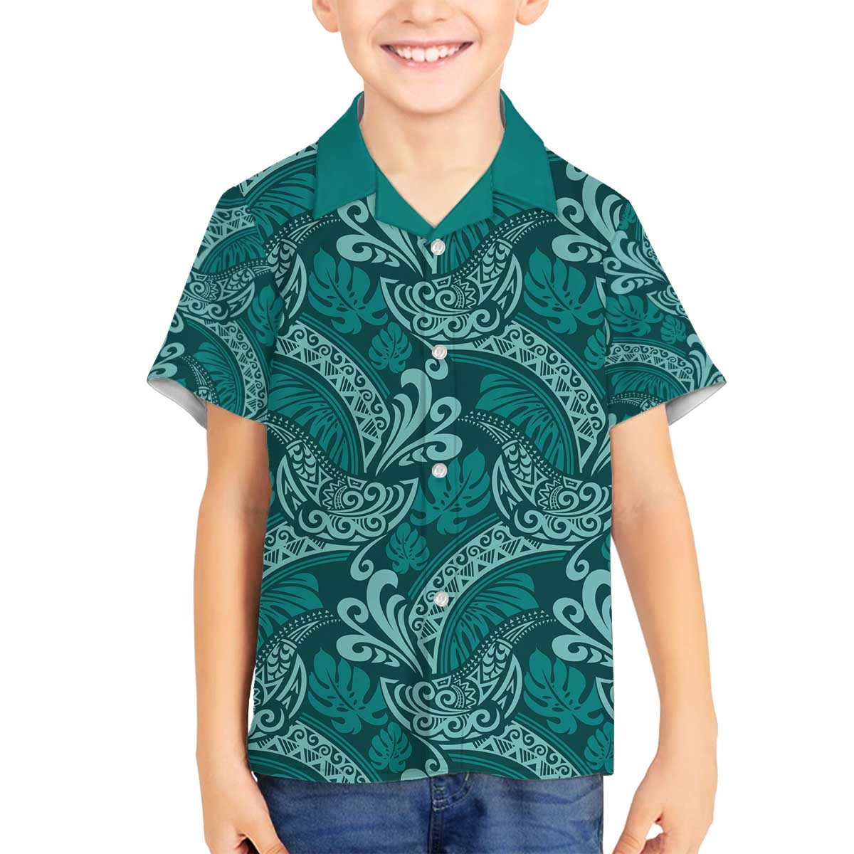 Teal Monstera Family Matching Off The Shoulder Long Sleeve Dress and Hawaiian Shirt Polynesian Tribal Pattern - Polynesian Pride