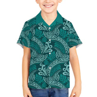Teal Monstera Family Matching Off The Shoulder Long Sleeve Dress and Hawaiian Shirt Polynesian Tribal Pattern - Polynesian Pride