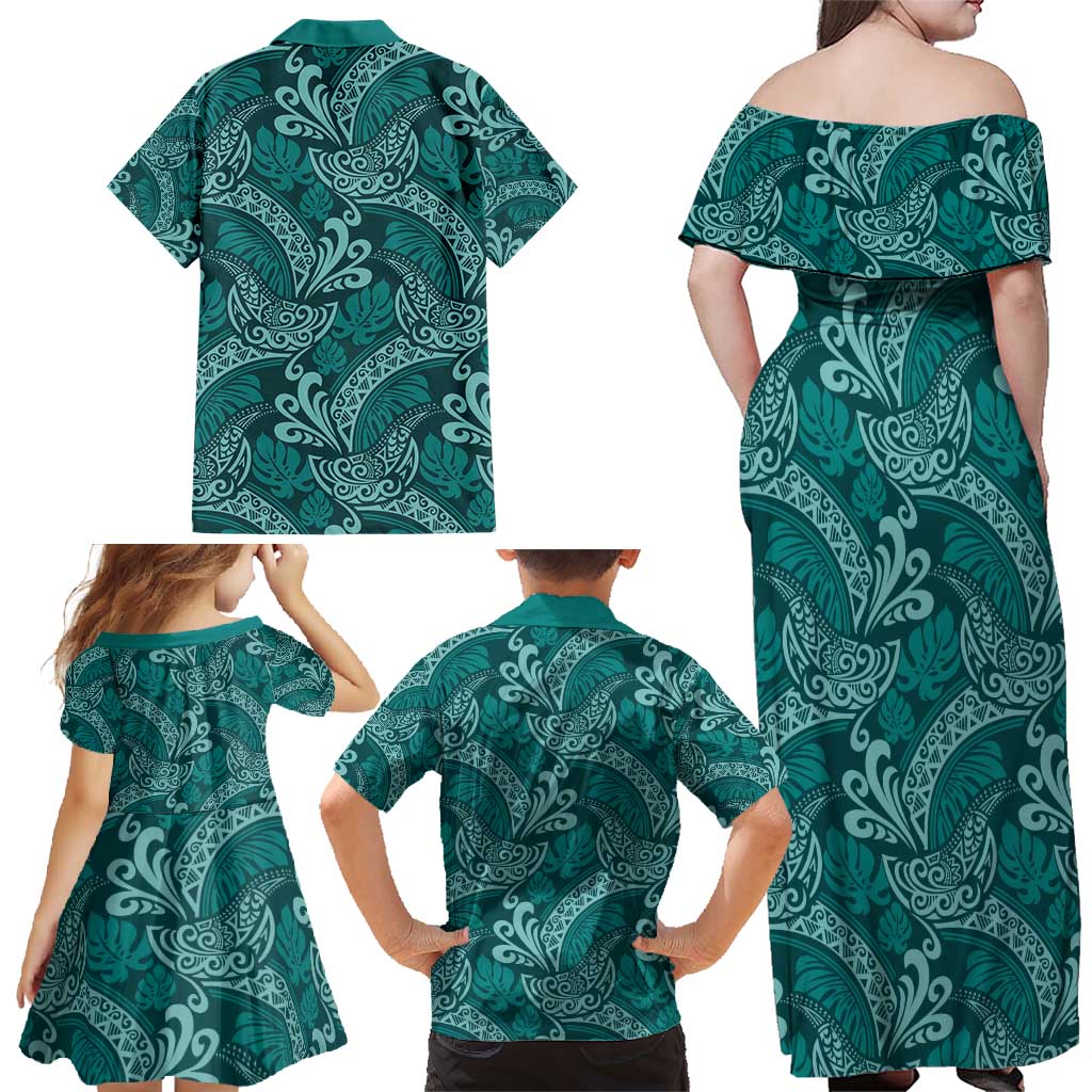 Teal Monstera Family Matching Off Shoulder Maxi Dress and Hawaiian Shirt Polynesian Tribal Pattern - Polynesian Pride