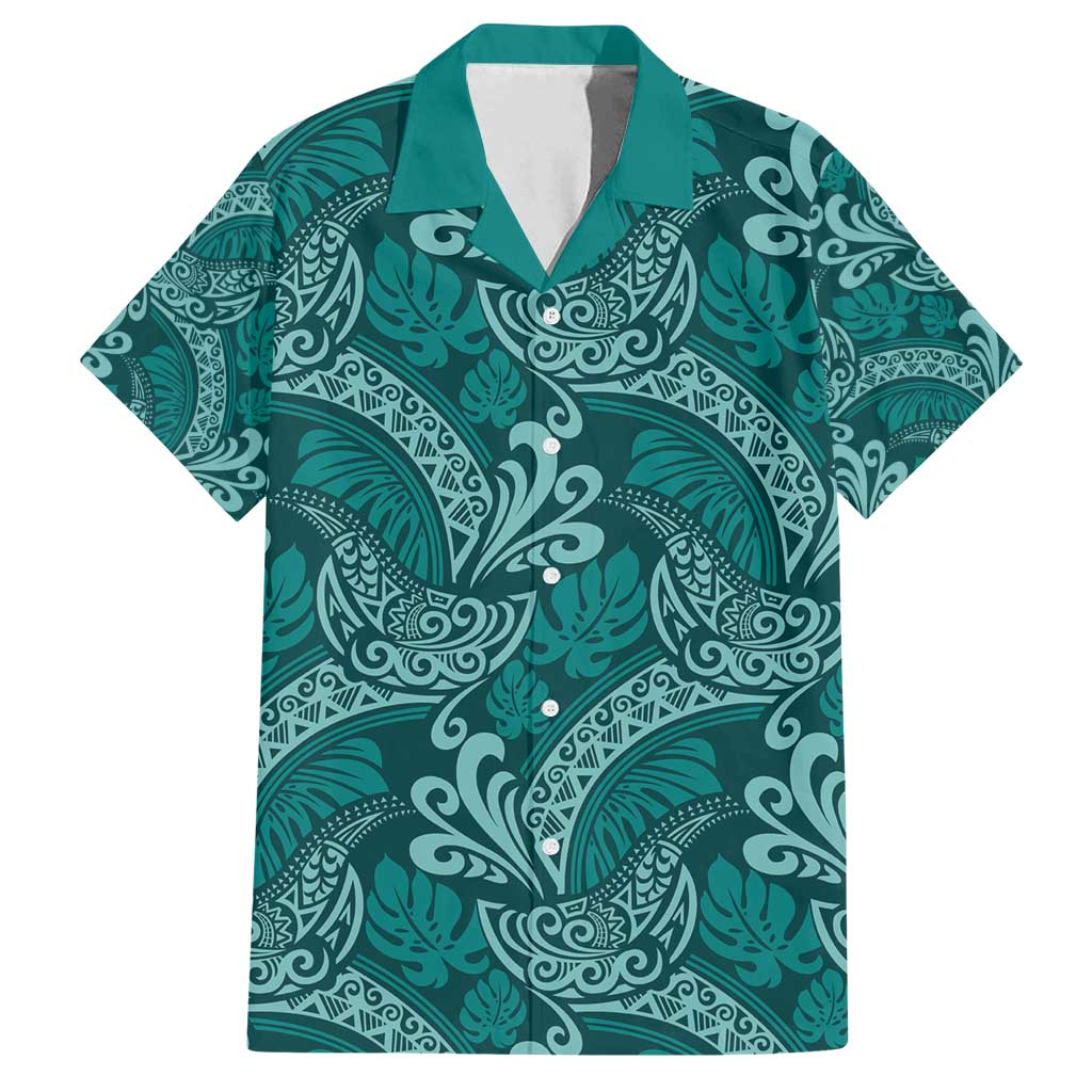 Teal Monstera Family Matching Off Shoulder Short Dress and Hawaiian Shirt Polynesian Tribal Pattern - Polynesian Pride