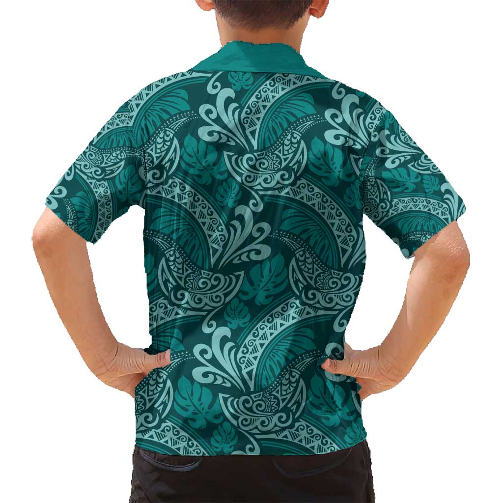 Teal Monstera Family Matching Puletasi and Hawaiian Shirt Polynesian Tribal Pattern - Polynesian Pride