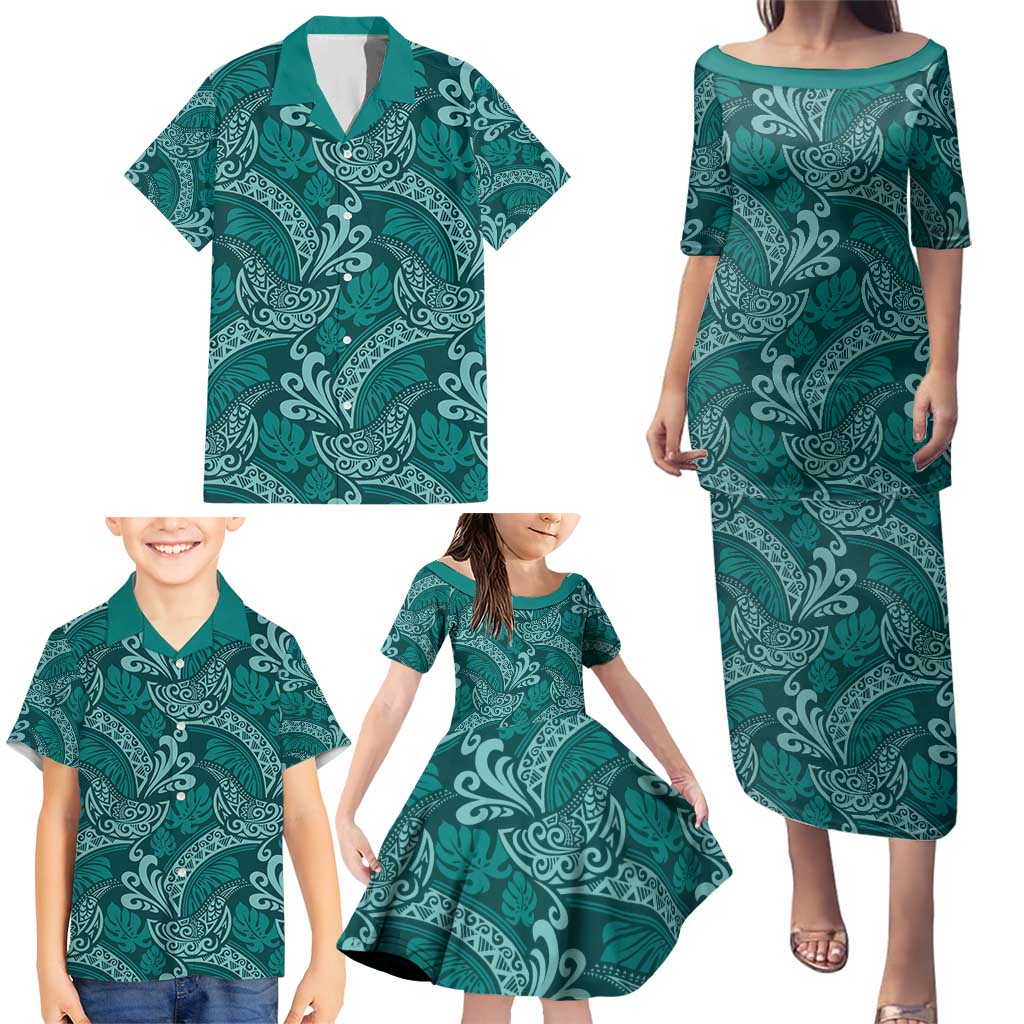 Teal Monstera Family Matching Puletasi and Hawaiian Shirt Polynesian Tribal Pattern - Polynesian Pride