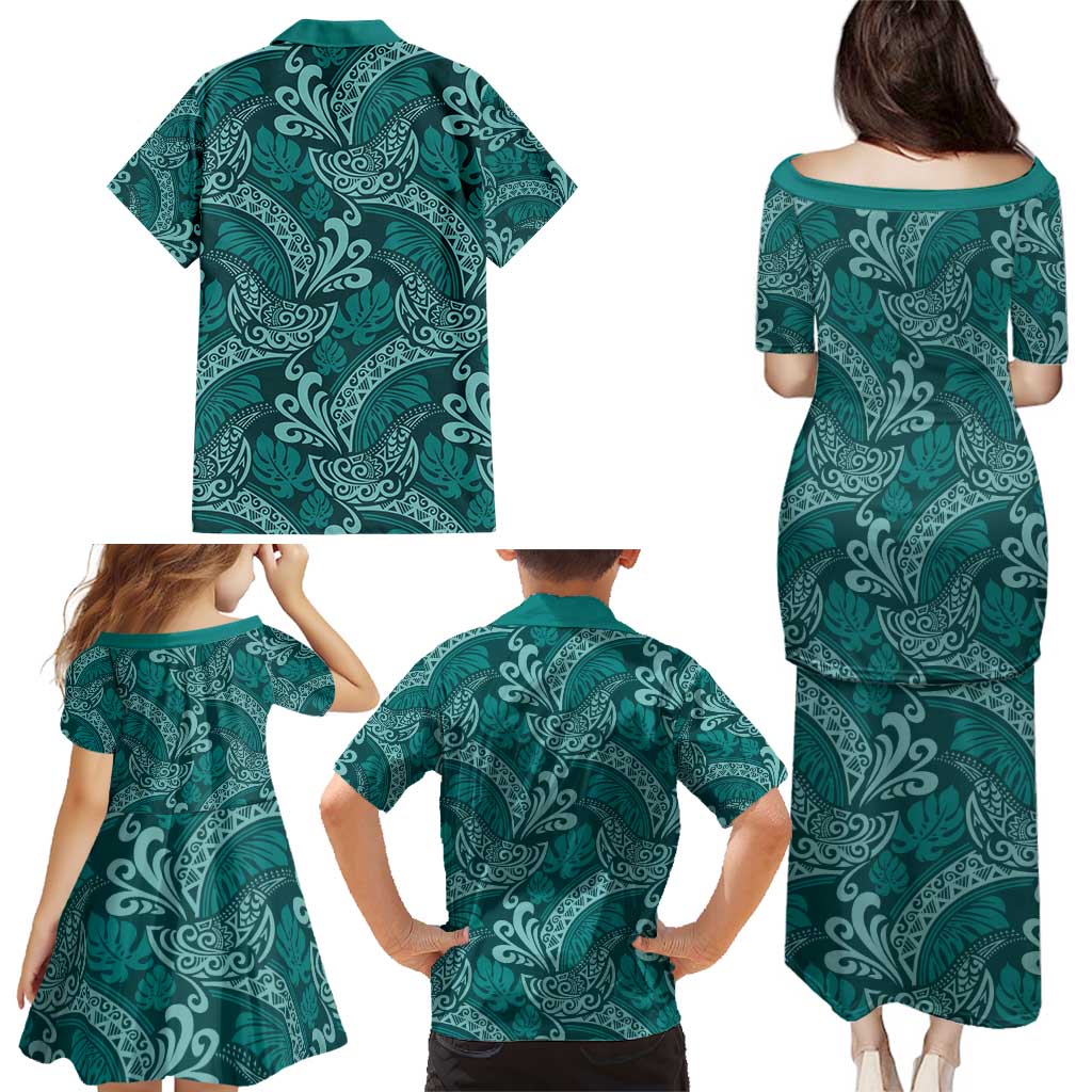 Teal Monstera Family Matching Puletasi and Hawaiian Shirt Polynesian Tribal Pattern - Polynesian Pride