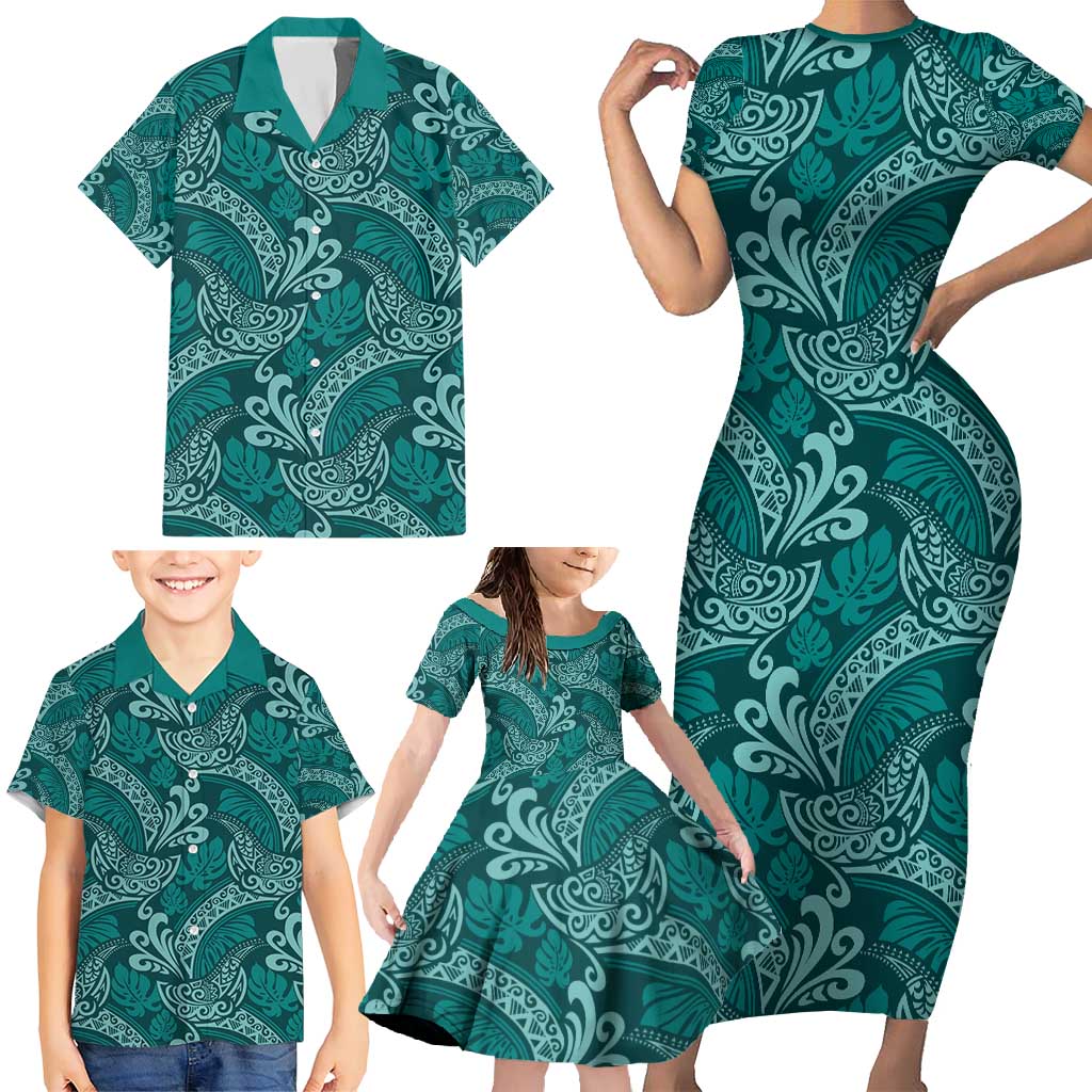 Teal Monstera Family Matching Short Sleeve Bodycon Dress and Hawaiian Shirt Polynesian Tribal Pattern - Polynesian Pride