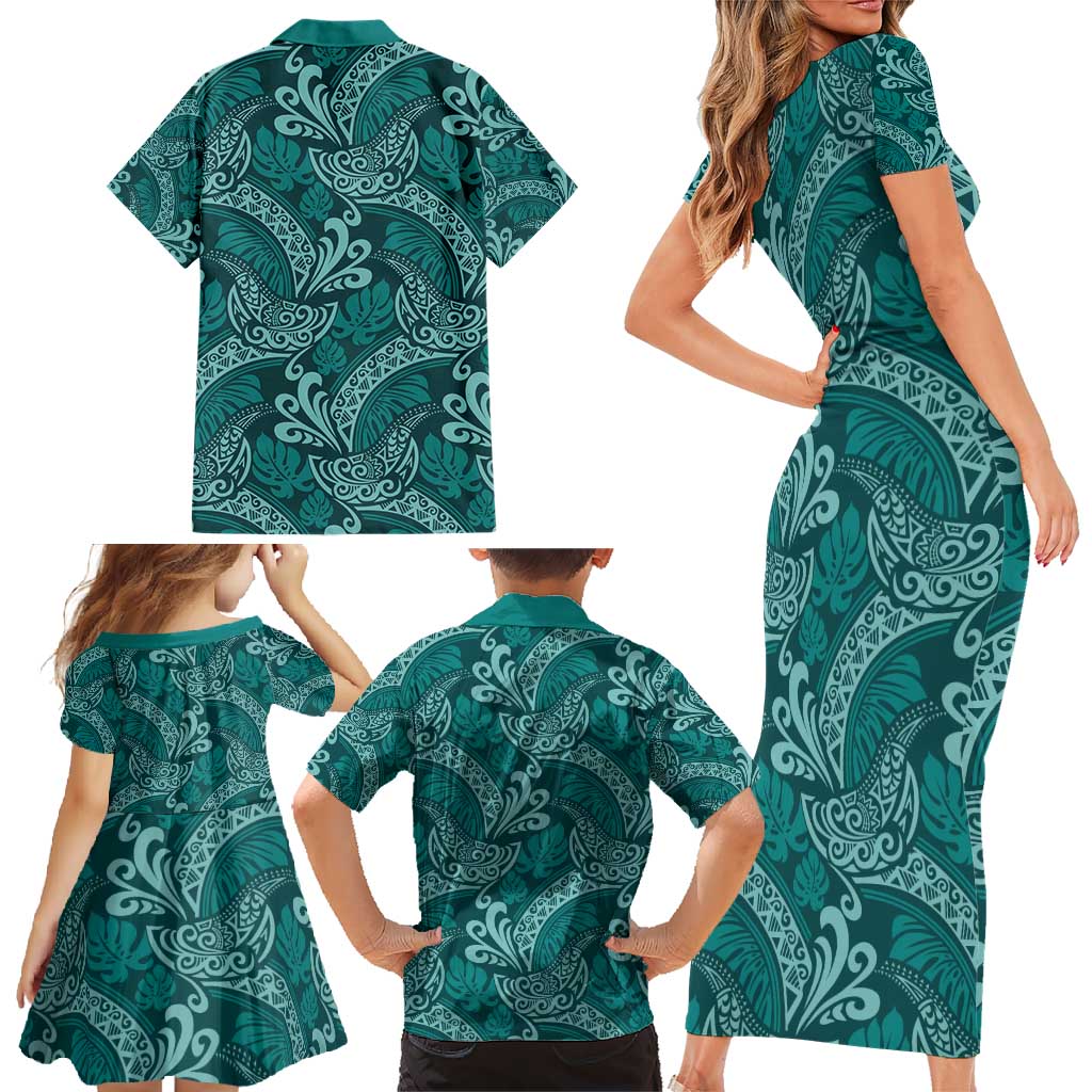 Teal Monstera Family Matching Short Sleeve Bodycon Dress and Hawaiian Shirt Polynesian Tribal Pattern - Polynesian Pride