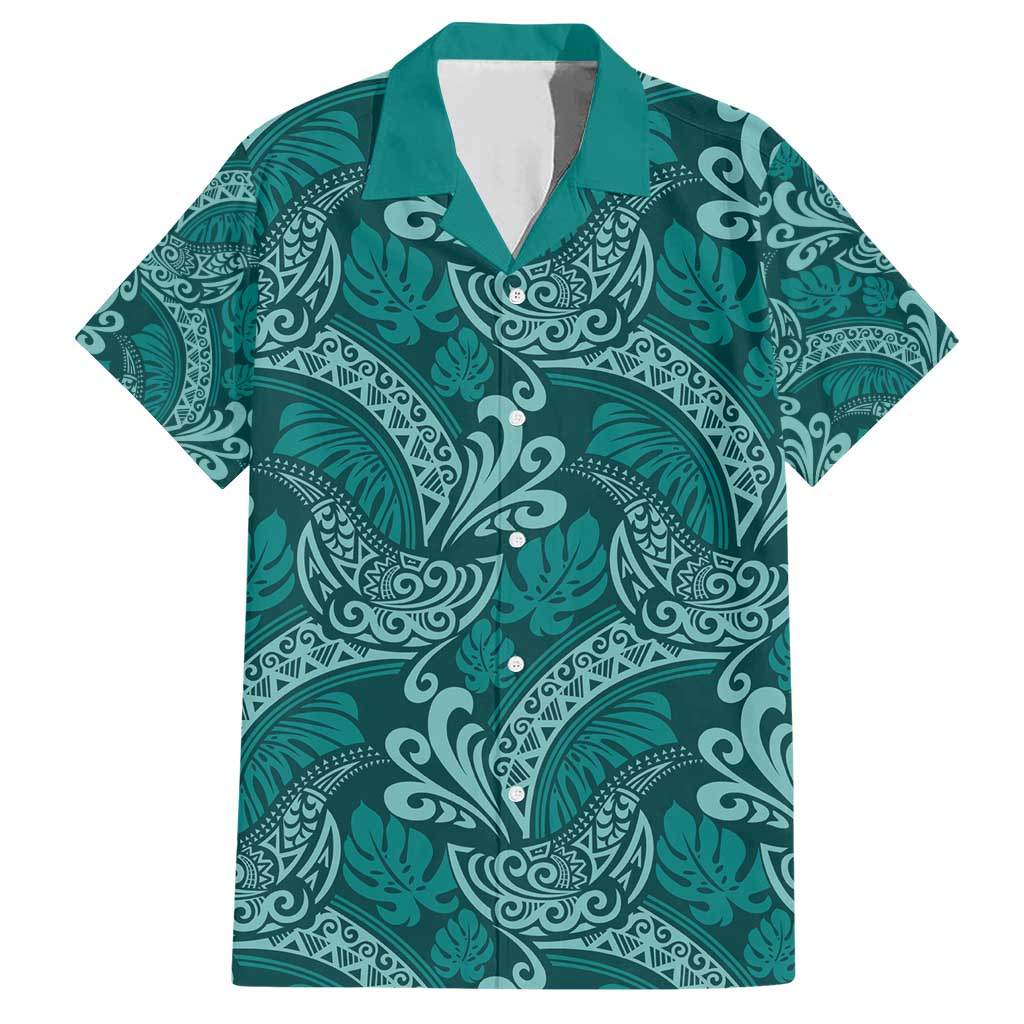 Teal Monstera Family Matching Short Sleeve Bodycon Dress and Hawaiian Shirt Polynesian Tribal Pattern - Polynesian Pride