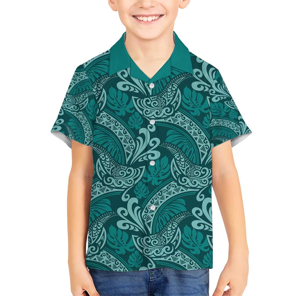 Teal Monstera Family Matching Short Sleeve Bodycon Dress and Hawaiian Shirt Polynesian Tribal Pattern - Polynesian Pride