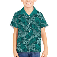 Teal Monstera Family Matching Short Sleeve Bodycon Dress and Hawaiian Shirt Polynesian Tribal Pattern - Polynesian Pride