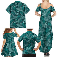 Teal Monstera Family Matching Summer Maxi Dress and Hawaiian Shirt Polynesian Tribal Pattern - Polynesian Pride