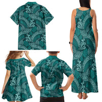Teal Monstera Family Matching Tank Maxi Dress and Hawaiian Shirt Polynesian Tribal Pattern - Polynesian Pride