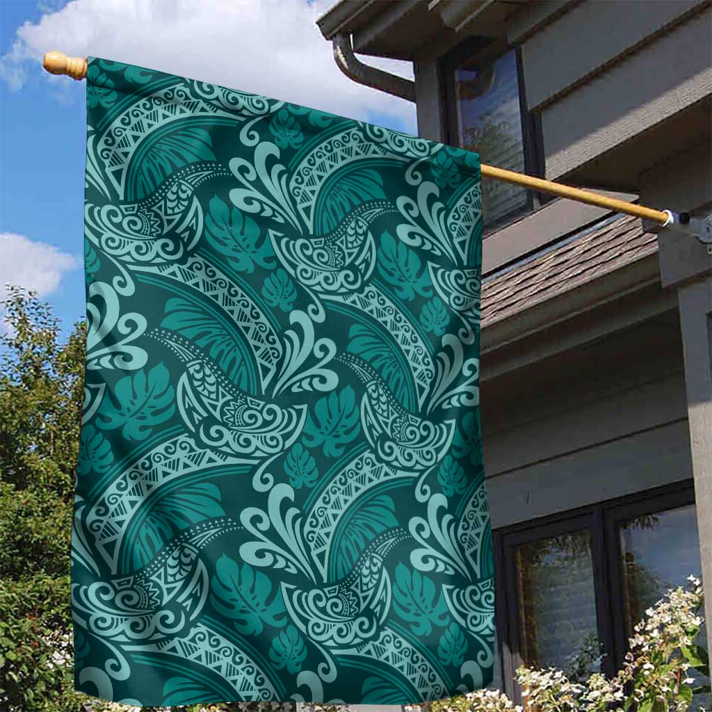 Teal Monstera Garden Flag Polynesian Tribal Pattern - Polynesian Pride
