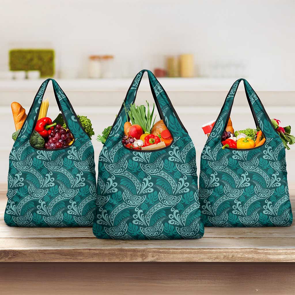 Teal Monstera Grocery Bag Polynesian Tribal Pattern - Polynesian Pride