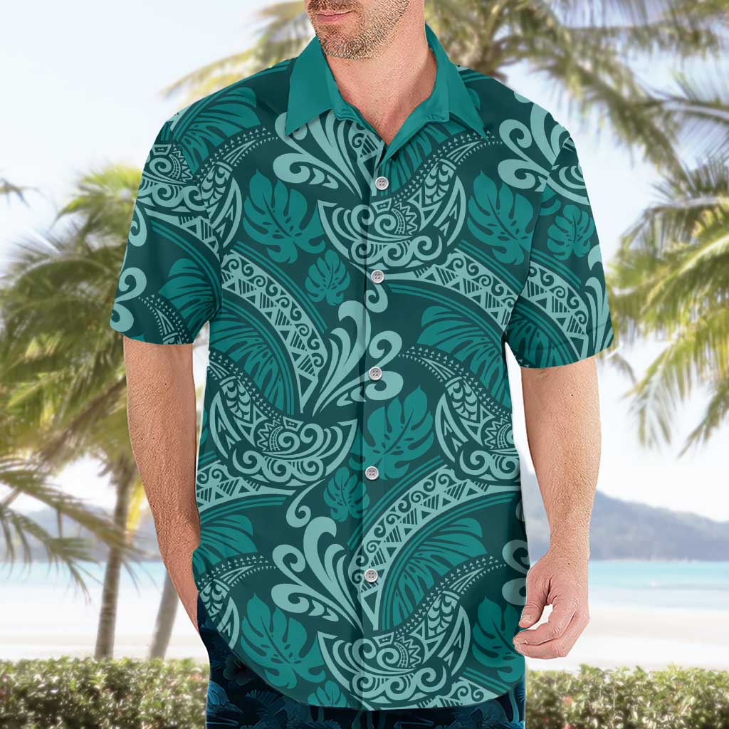 Teal Monstera Hawaiian Shirt Polynesian Tribal Pattern - Polynesian Pride