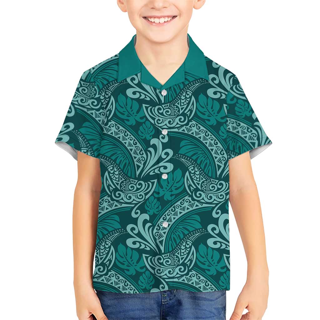 Teal Monstera Hawaiian Shirt Polynesian Tribal Pattern - Polynesian Pride
