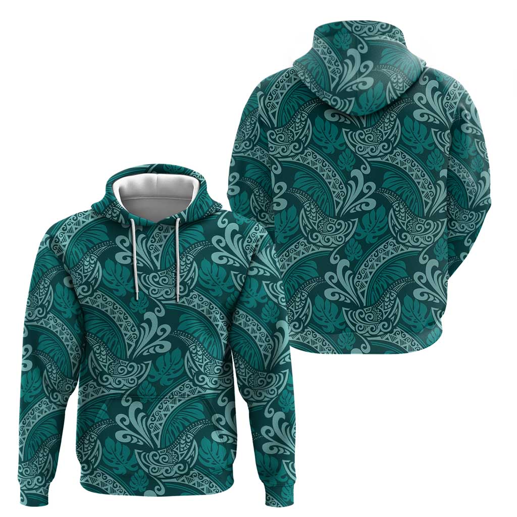 Teal Monstera Hoodie Polynesian Tribal Pattern - Polynesian Pride