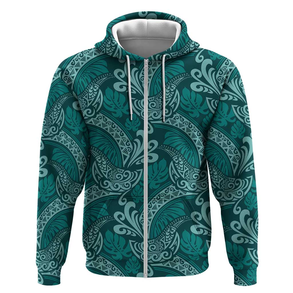 Teal Monstera Hoodie Polynesian Tribal Pattern - Polynesian Pride