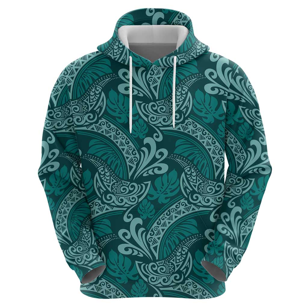 Teal Monstera Hoodie Polynesian Tribal Pattern - Polynesian Pride