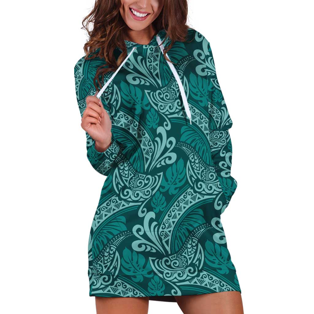 Teal Monstera Hoodie Dress Polynesian Tribal Pattern - Polynesian Pride