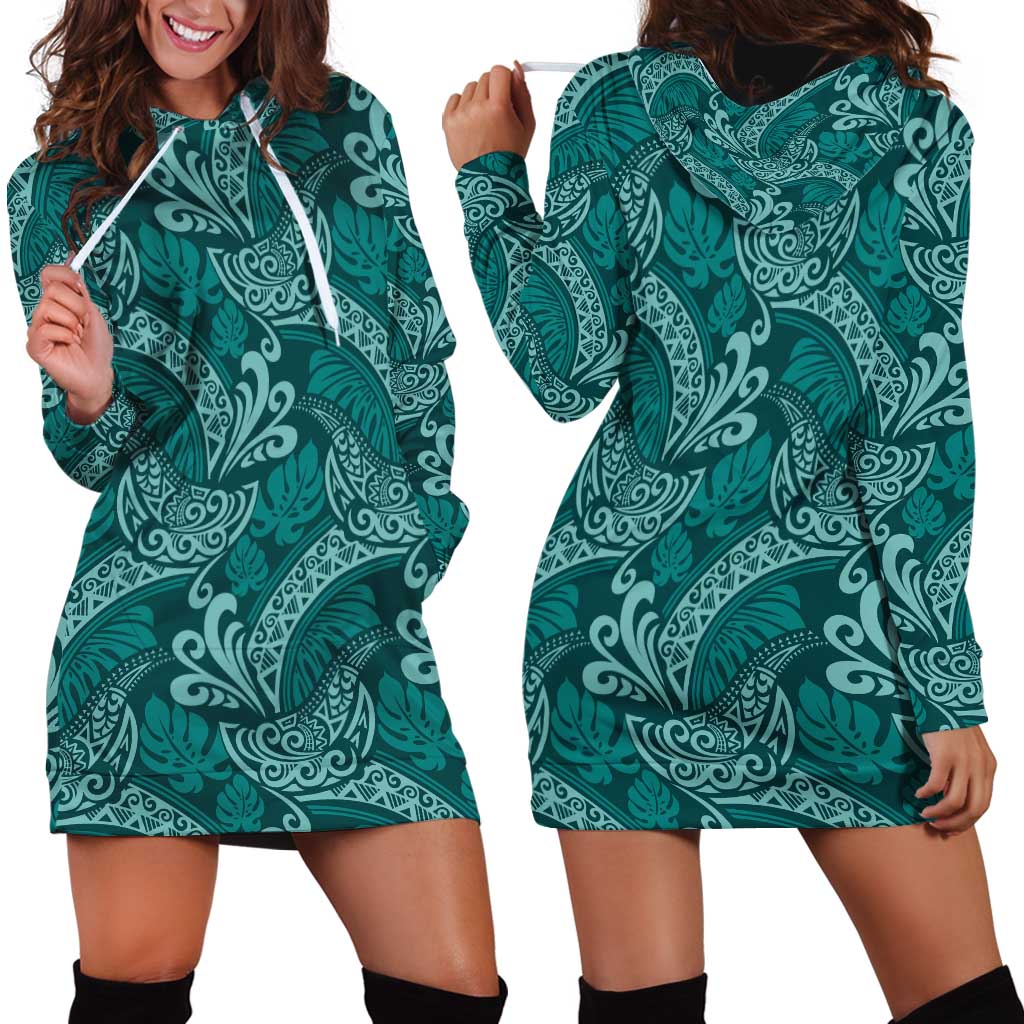 Teal Monstera Hoodie Dress Polynesian Tribal Pattern - Polynesian Pride