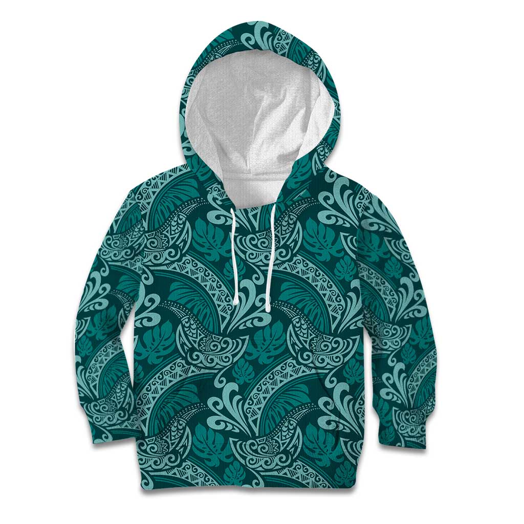Teal Monstera Kid Hoodie Polynesian Tribal Pattern - Polynesian Pride
