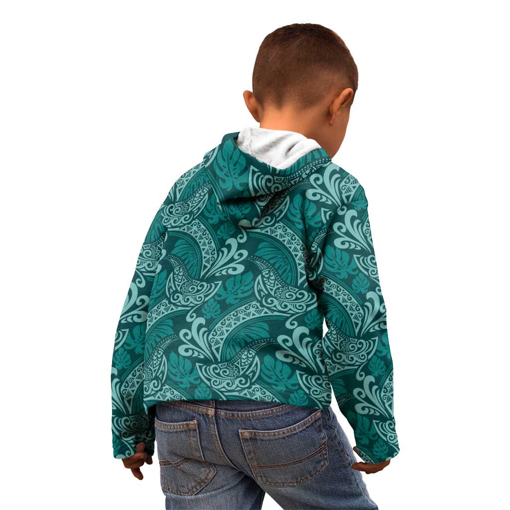 Teal Monstera Kid Hoodie Polynesian Tribal Pattern - Polynesian Pride