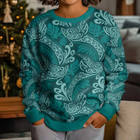 Teal Monstera Kid Ugly Christmas Sweater Polynesian Tribal Pattern - Polynesian Pride