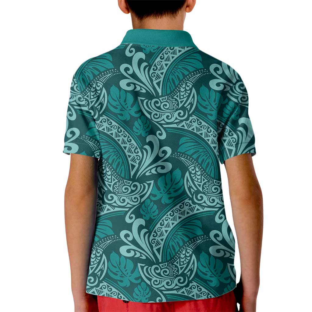 Teal Monstera Kid Polo Shirt Polynesian Tribal Pattern - Polynesian Pride