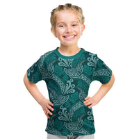 Teal Monstera Kid T Shirt Polynesian Tribal Pattern - Polynesian Pride