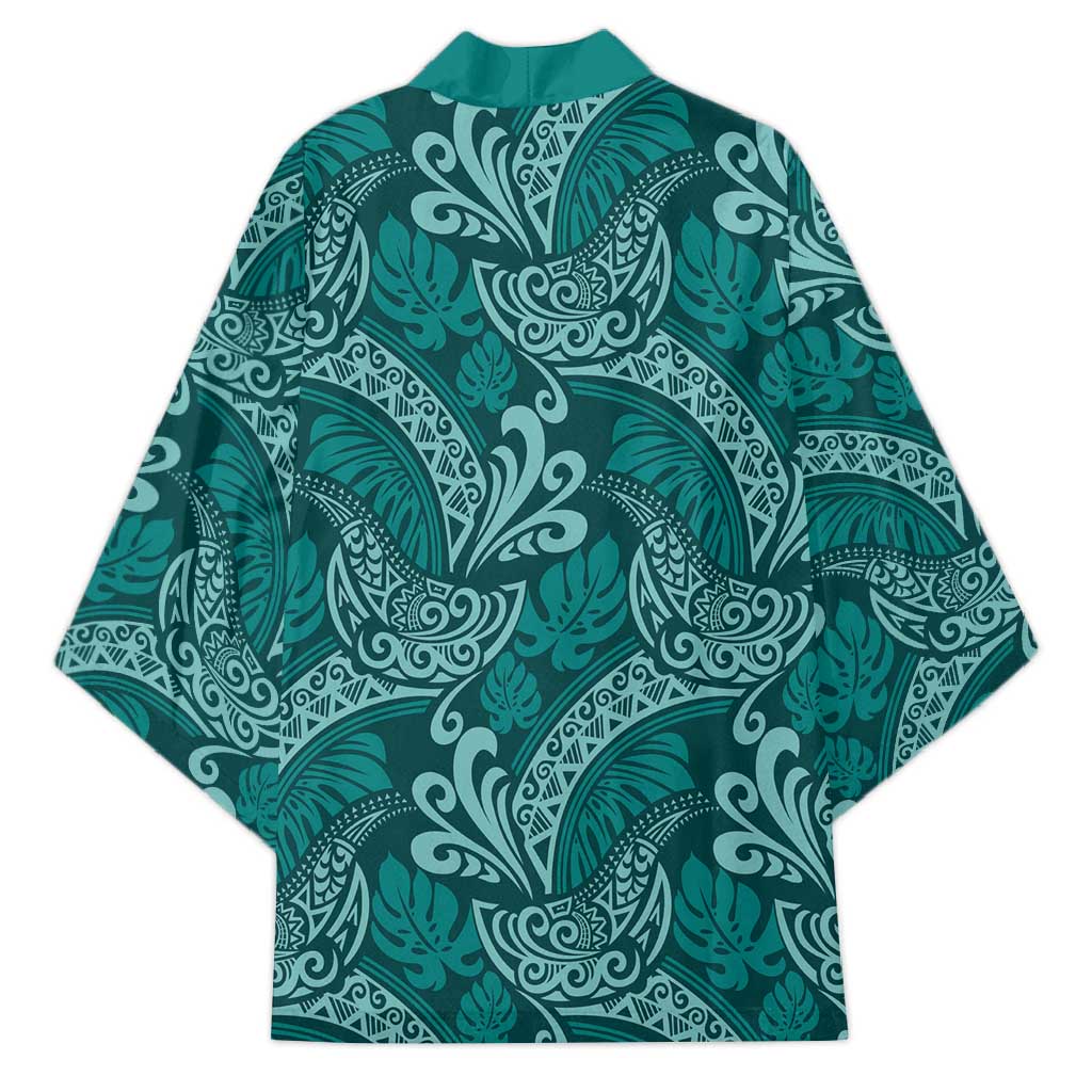 Teal Monstera Kimono Polynesian Tribal Pattern - Polynesian Pride
