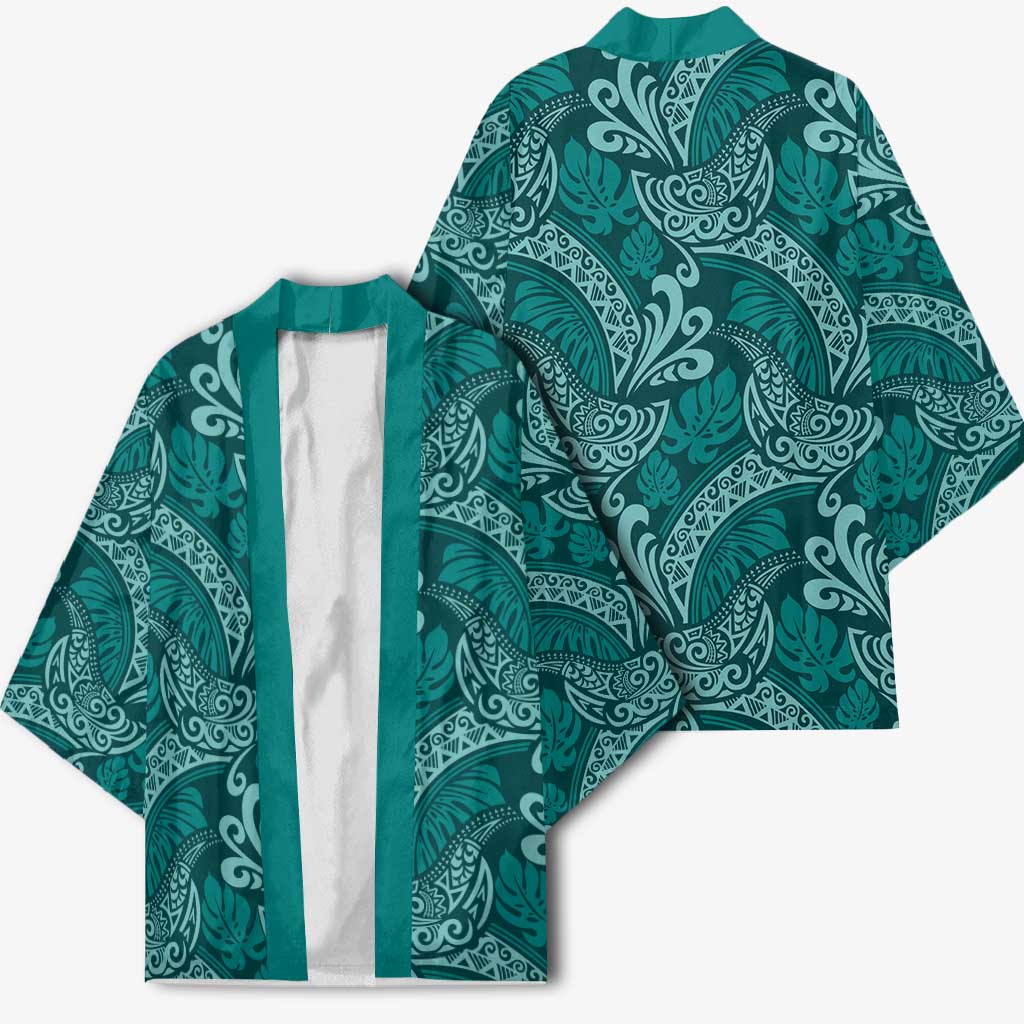 Teal Monstera Kimono Polynesian Tribal Pattern - Polynesian Pride