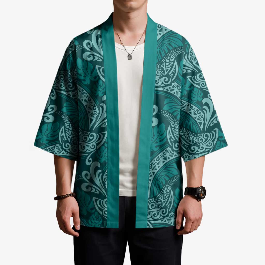 Teal Monstera Kimono Polynesian Tribal Pattern - Polynesian Pride