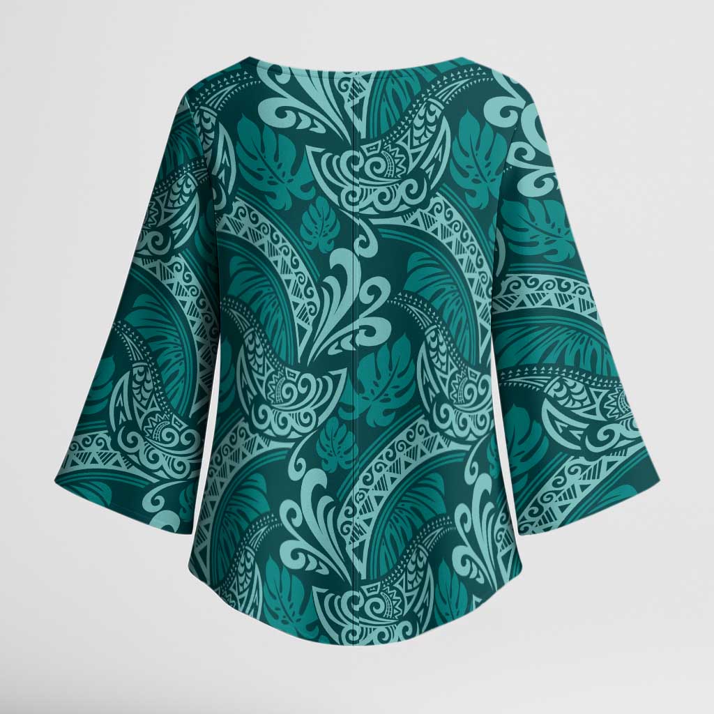 Teal Monstera Kimono Sleeve Blouse Polynesian Tribal Pattern - Polynesian Pride