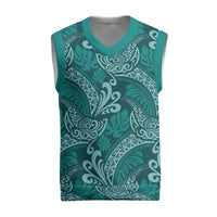 Teal Monstera Christmas Knitted V-Neck Vest Polynesian Tribal Pattern - Polynesian Pride