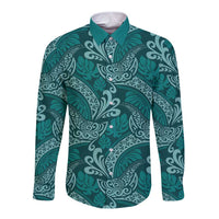 Teal Monstera Long Sleeve Button Shirt Polynesian Tribal Pattern - Polynesian Pride