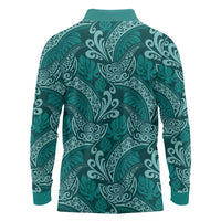 Teal Monstera Long Sleeve Polo Shirt Polynesian Tribal Pattern - Polynesian Pride