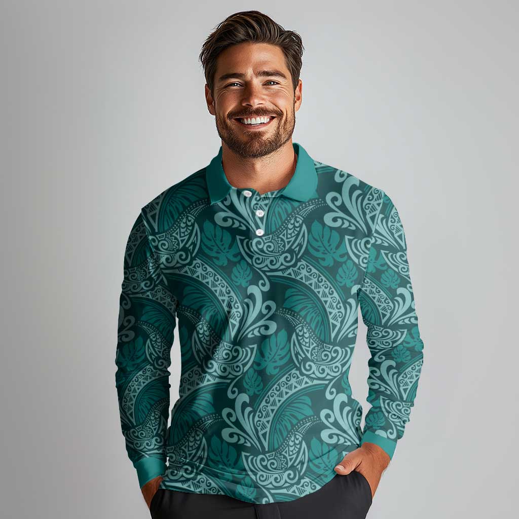 Teal Monstera Long Sleeve Polo Shirt Polynesian Tribal Pattern - Polynesian Pride