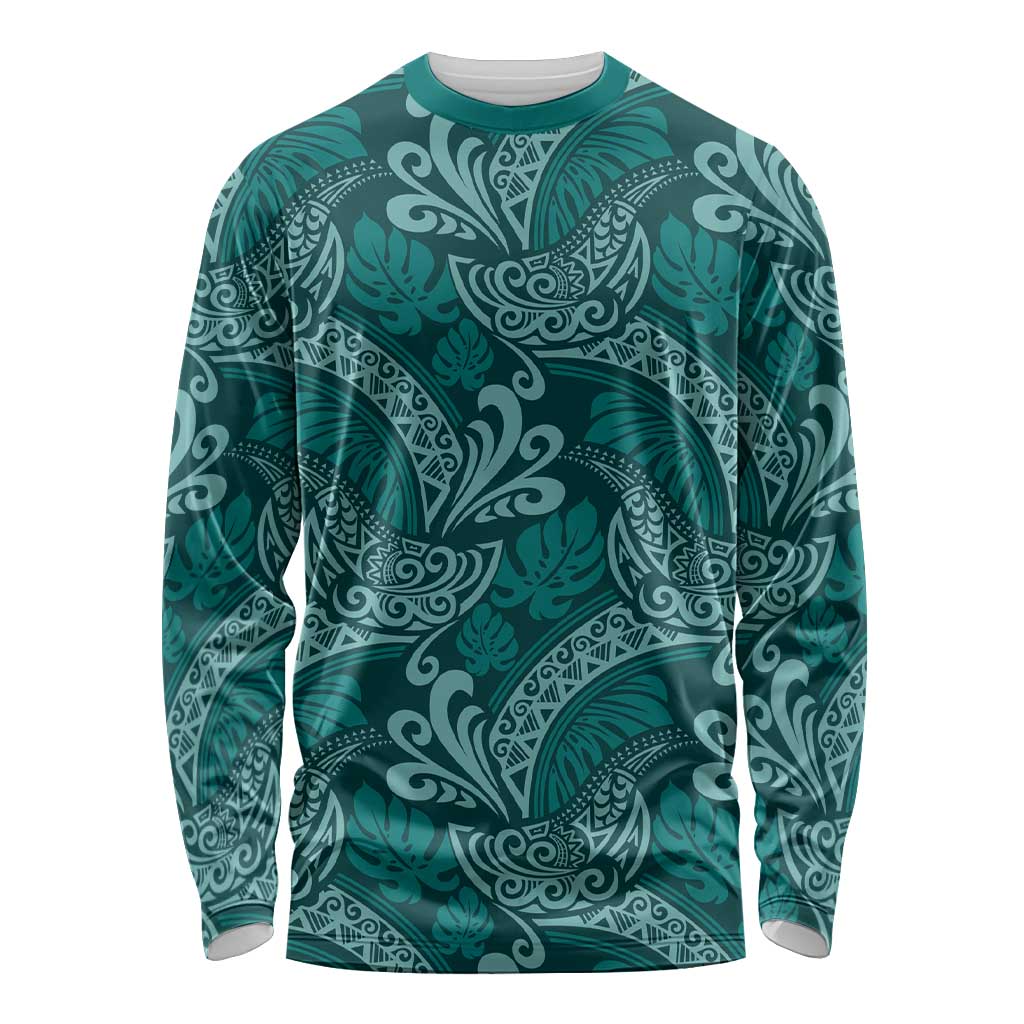 Teal Monstera Long Sleeve Shirt Polynesian Tribal Pattern - Polynesian Pride