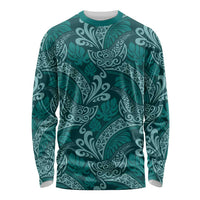 Teal Monstera Long Sleeve Shirt Polynesian Tribal Pattern - Polynesian Pride