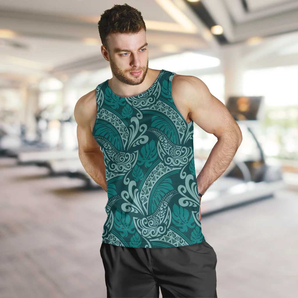 Teal Monstera Men Tank Top Polynesian Tribal Pattern - Polynesian Pride
