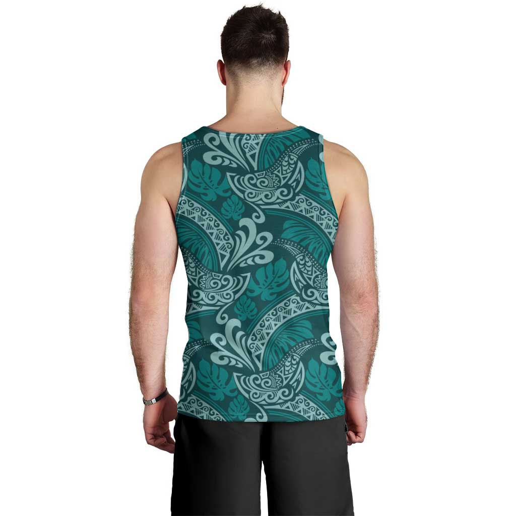 Teal Monstera Men Tank Top Polynesian Tribal Pattern - Polynesian Pride