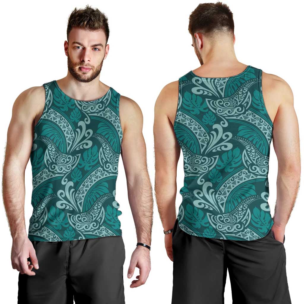 Teal Monstera Men Tank Top Polynesian Tribal Pattern - Polynesian Pride