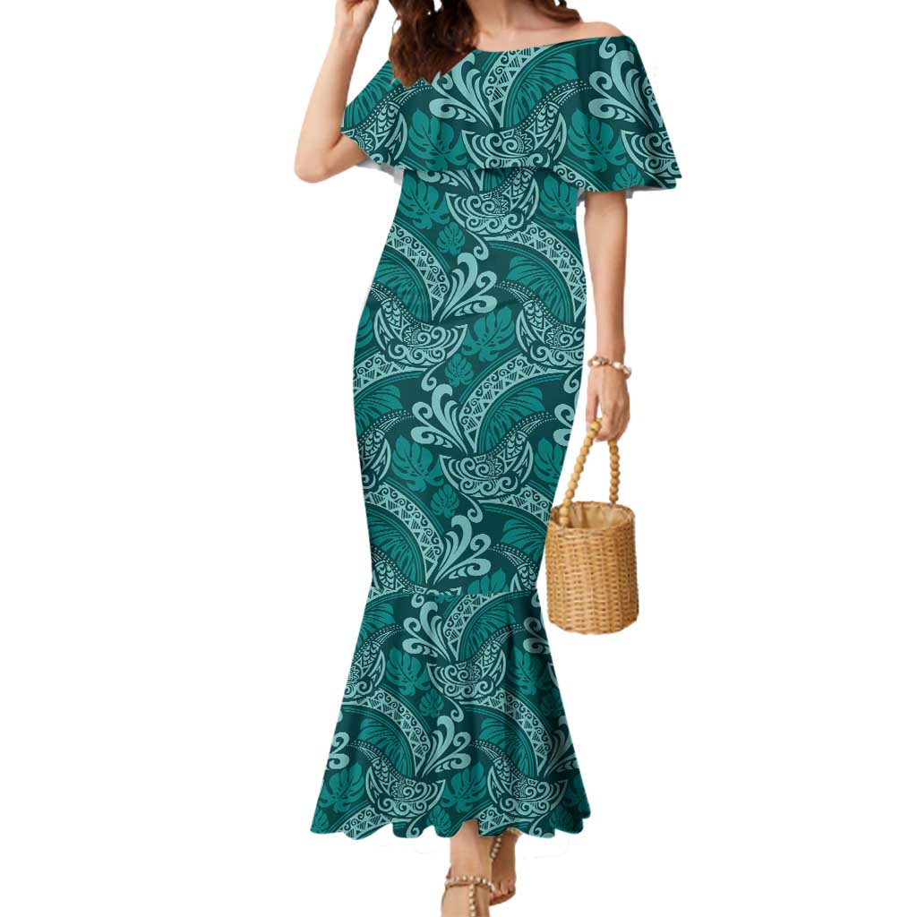 Teal Monstera Mermaid Dress Polynesian Tribal Pattern - Polynesian Pride